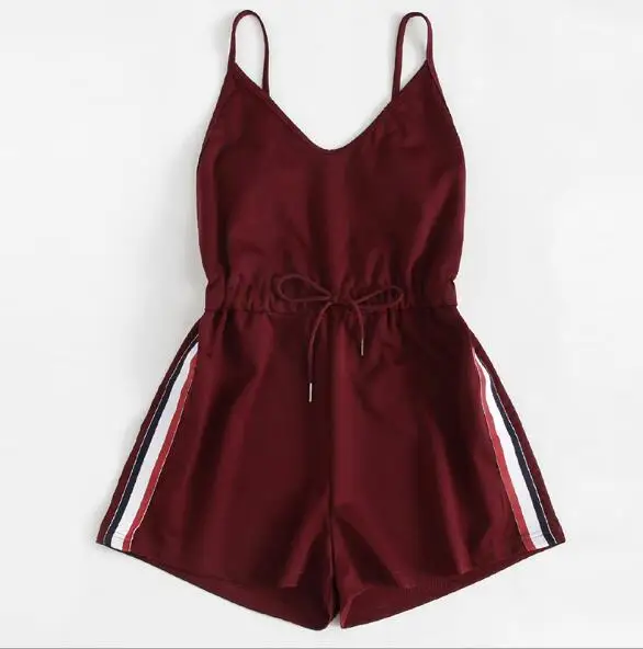 

Contrast Striped Tape Romper Summer Beach Wear Women Sleeveless Playsuits Burgundy Spaghetti Strap Drawstring Romper