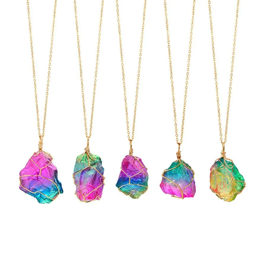 

Rainbow Stone Natural Crystal Rock Necklace Gold Quartz Pendant choker necklaces for women sexy necklace