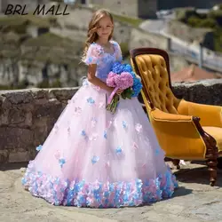 Милые розовые платья принцессы с цветочным узором для девочек, с объемными цветами, с короткими рукавами, бальное платье для девочек