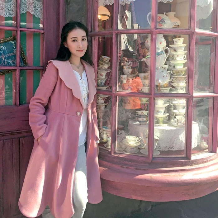 

LYNETTE'S CHINOISERIE Winter Original Design Women Vintage Cute Slim Color Contrast Woolen Overcoat