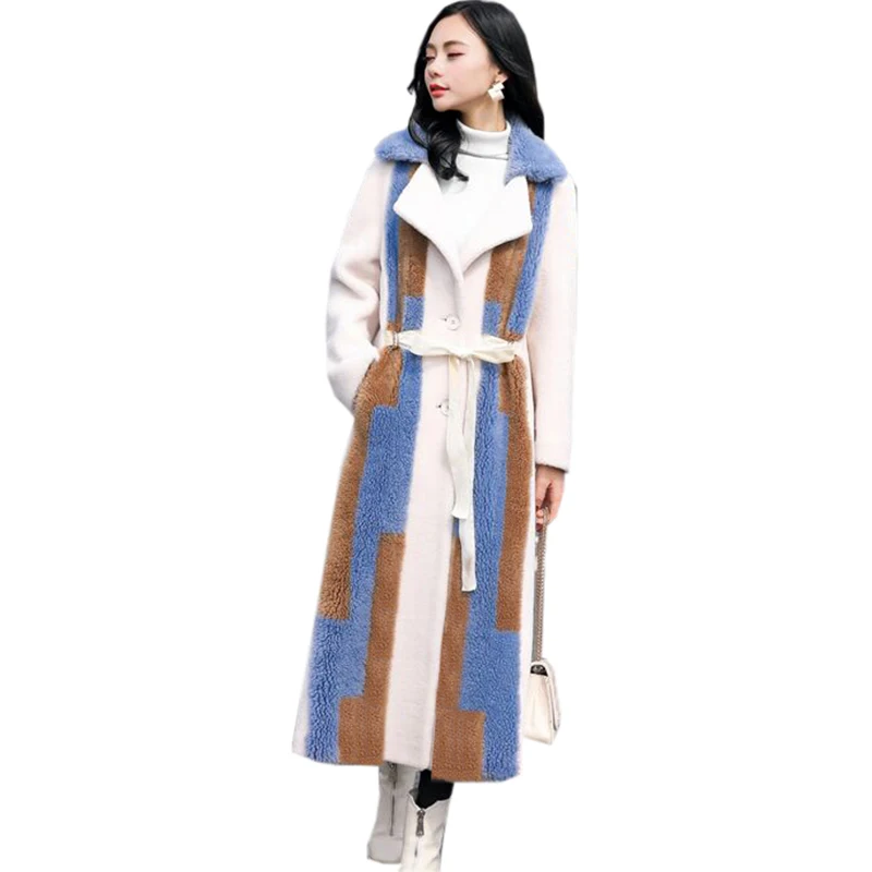 Новинка зимы Для женщин овечьей шерсти пальто длинный утолщаются теплые Лоскутная искусственного меха пояс-кушак шерстяные куртки