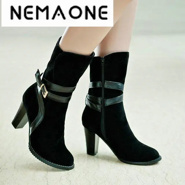 

Women new fashion autumn winter shortsnow zipper boots 8cm thick high-heeled solid color shoes large plus size 33-46