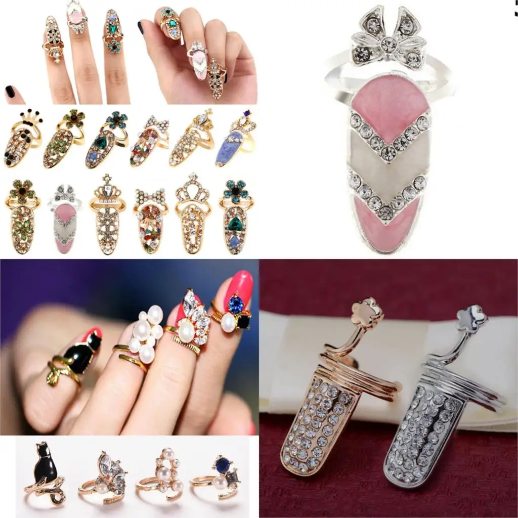 

Fashion Rhinestone Cute Bowknot Crown Crystal Open Nail Finger Rings Female Personality Fake Nail Art Rings Beauty Jewelry