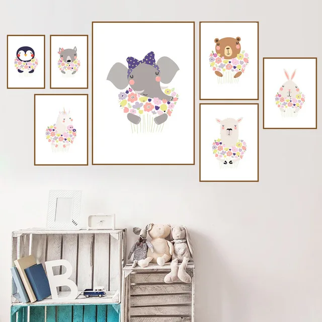 Elephant-Bear-Rabbit-Alpaca-Flower-Wall-Art-Print-Canvas-Painting-Nordic-Posters-And-Prints-Animal-Wall.jpg_640x640