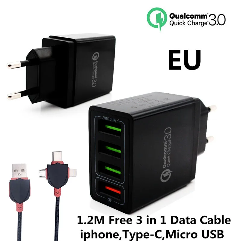 XEDAIN 4-Порты USB Зарядное устройство Quick Charge 3,0 9 V 12 V EU/US 5 V/2.4A Подключите быстрой зарядки для samsung iPhone стены мобильный телефон адаптер