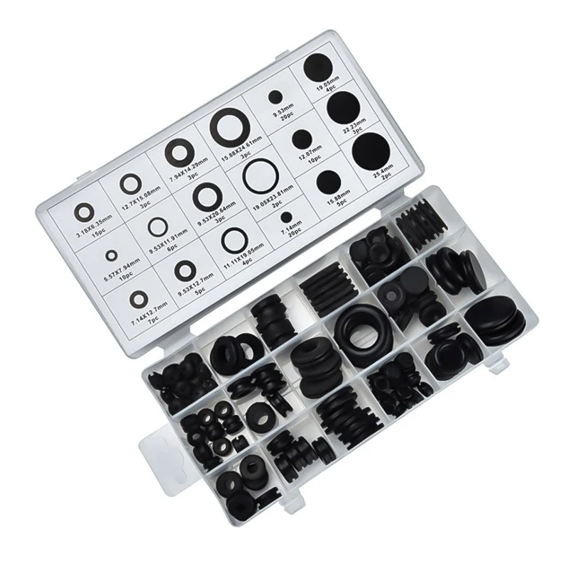 

125pcs Grommet Sets Various Sizes Rubber Grommet Open/closed Blind With Plastic Box Good Sealing Effect Anti-aging