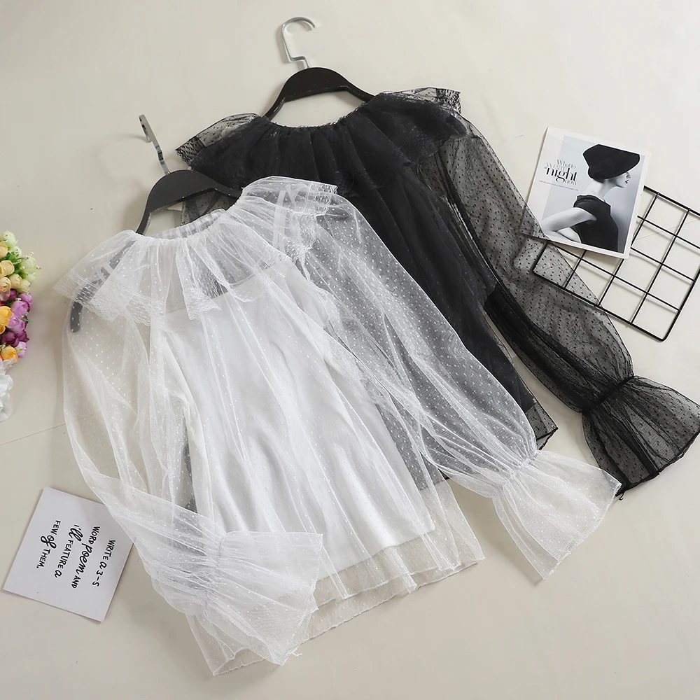 

Women Spring Summer Flare Sleeve Polka Dot Peter pan Collar Basic Pleated Lace Shirt Casual Ruffles Mesh Gauze Voile Blouse Tops