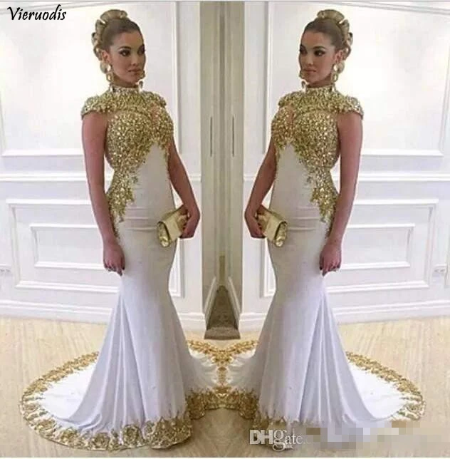 

Gorgeous Gold High Neck Prom Dresses Mermaid Girls Sleeveless Charming Evening Dresses Luxurious Party Dresses With Sequins