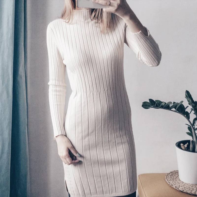Autumn Winter Women Sweater Dress Stand Collar Split Sleeve Knee-length Knitted Dress Female Elastic Warm Vestidos Elegant