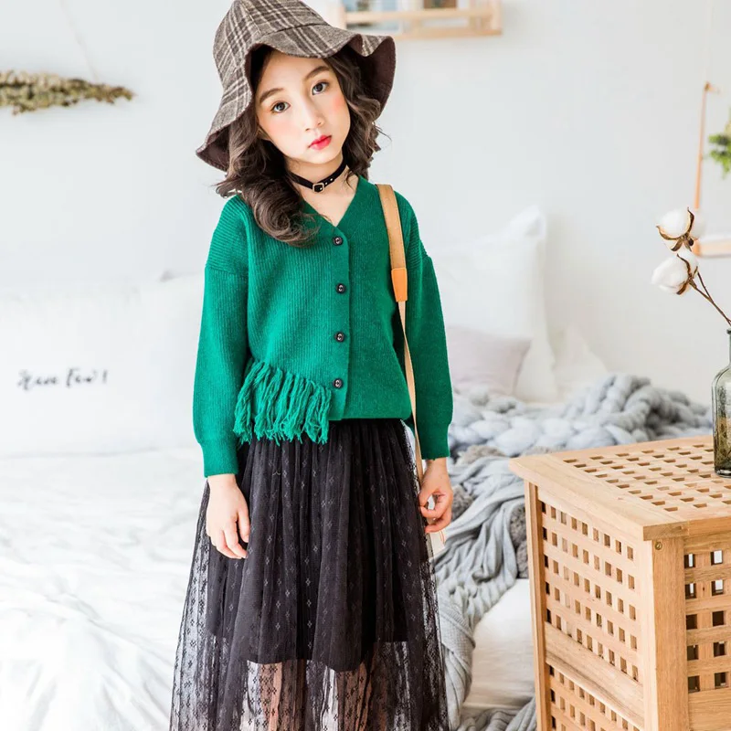 WOTTAGGA 2019 Spring Girls Fashion Knitted Cardigan Tassel Solid Toddler Sweater Girls V-neck New Arrivals