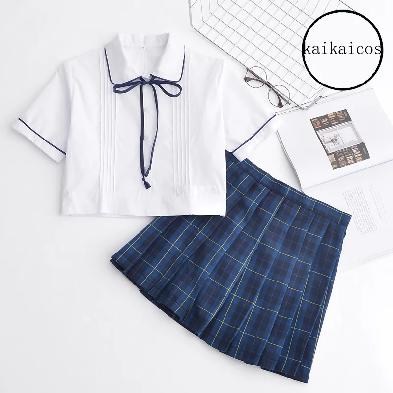 

Japanese Harajuku JK School Uniform Top+Pleated Blue Skirt Full Set Girls' Uniform New Free Shipping S/M/L/XL