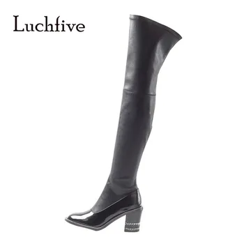 

New Arrival Sexy Over The Knee Boots Women Round Toe Chain Chunky High Heel Shoes Lady Stretch Long Boots