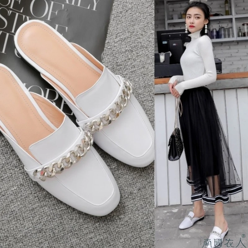 

Womens Round Toe Flats Casual Slippers Shoes Metal Chain Leather Mules Slip Ons Black White C93