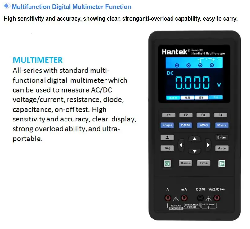 Hantek Hantek2D72 3в1 цифровой Ручной осциллограф+ генератор сигналов+ мультиметр 2 канала ЖК-дисплей тестер метр инструменты