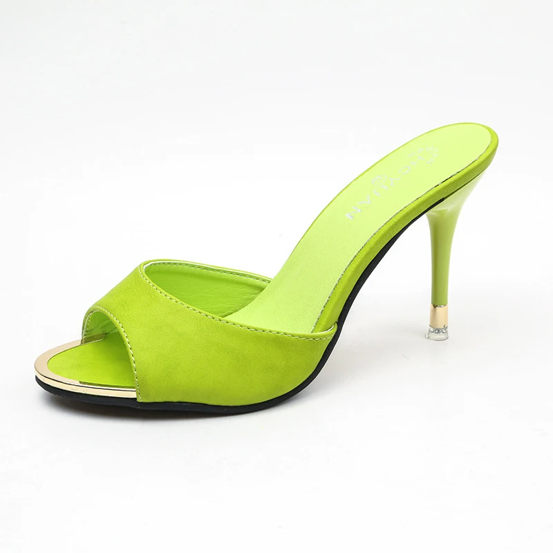 Zanpce/кожаные шлепанцы; женская черная обувь с открытым носком; модные пикантные шлепанцы на тонком каблуке; сезон весна-лето; женские шлепанцы - Цвет: Зеленый