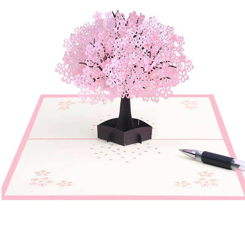  3D Romantic Cherry Blossom Greeting Cards Word Message Wishes With Envelopes Birthday Wedding Invit - 32978717461