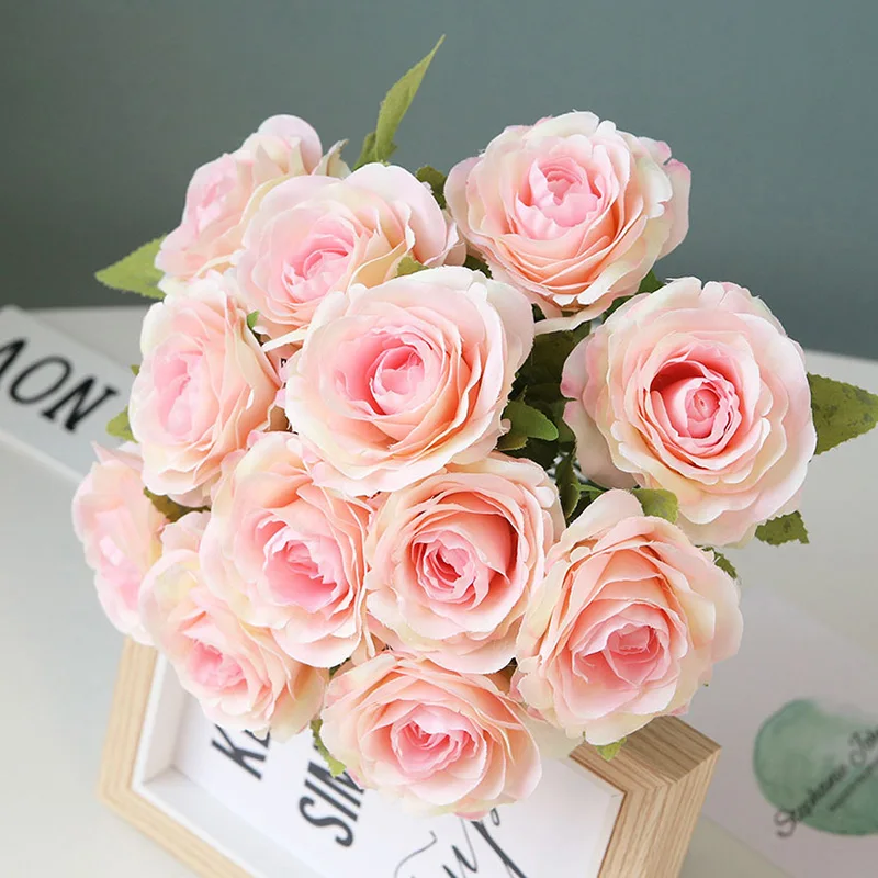 Flone Artificial Silk Rose Flower Bouquet Fake Flowers 12 Head Small Fresh Wedding Rose Decoration Home Decoration Accessories (14)