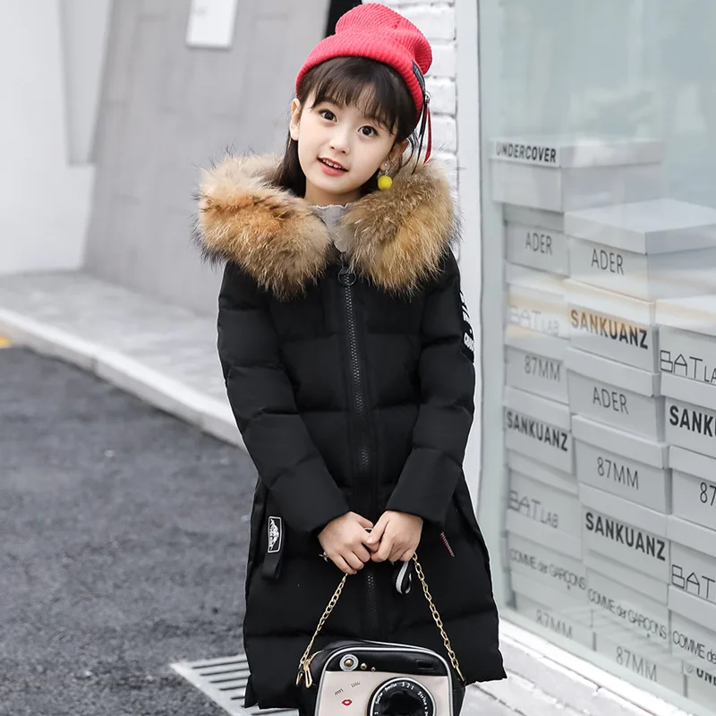 

PINKWIN 2018 Russia -35 Degrees Winter Teenagers Girls White Duck Down Jacket With Real Fur Collar Warm Padded Coat X-long Style
