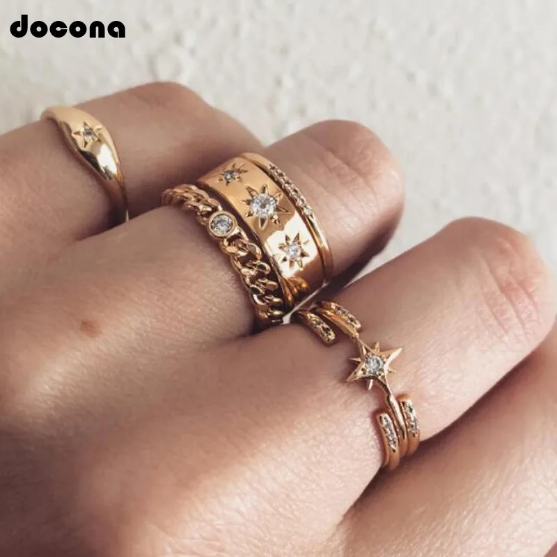 

docona Vintage Gold Color Crystal Star Moon Knuckle Midi Ring Set for Women Metal Geometric Finger Rings Set Anillos 3265