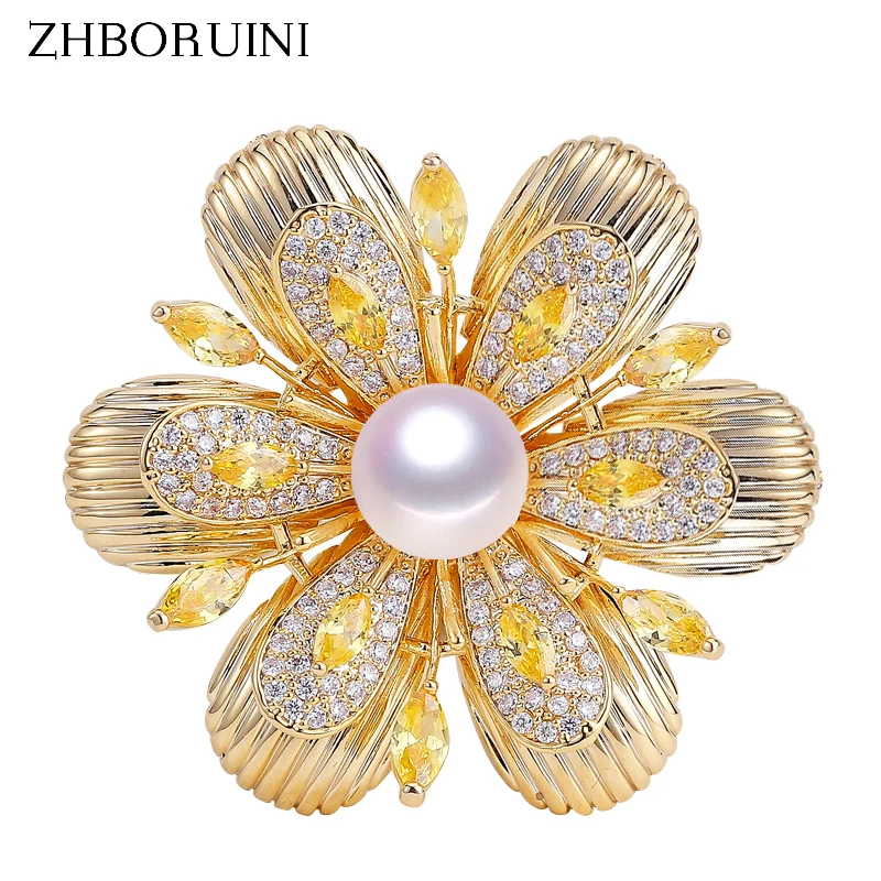 ZHBORUINI новинка 2019 изящная винтажная Золотая брошь в виде цветка булавки жемчужные