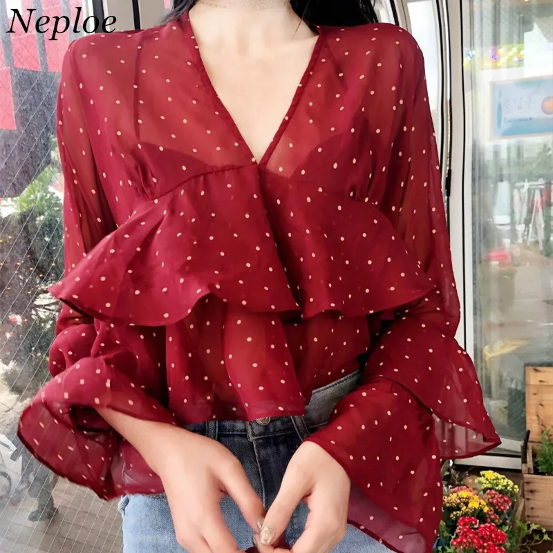 

Neploe New Chiffon Long Sleeve Women Blouse V-Neck Ruffles Sexy See-through Blusas Polka Dot Sunscreen Elegant Shirt 67628