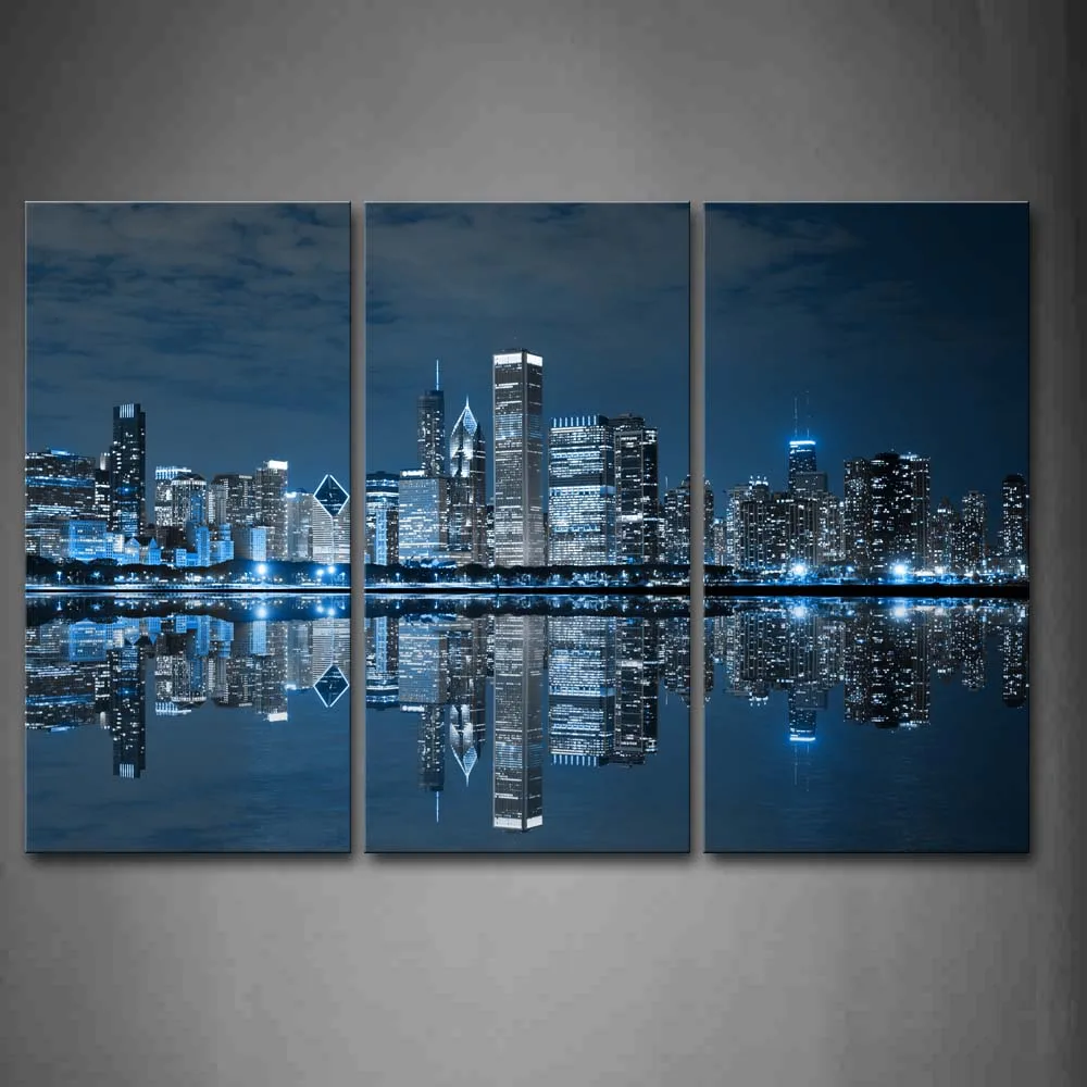 

Framed Wall Art Pictures Blue Building Chicago Canvas Print City Posters With Wooden Frames For Home Living Room Decor