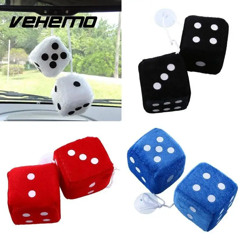 Vehemo Pair Black Fuzzy Dice Dots Rear View Rearview Mirror Hangers