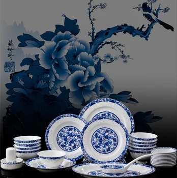 Cheap Guci Jingdezhen Pottery 56 Piec Highgrade Bone China Porcelain Blue Porcelain Jade Tree Wrapped Tableware Set Dishes Marriage