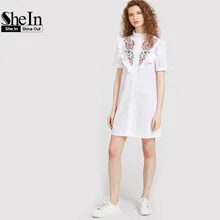 SheIn Ladies Summer Dress 2017 White Short Sleeve Cute A-Line Dress Frill Yoke Tie Sleeve Embroidered Shirt Dress