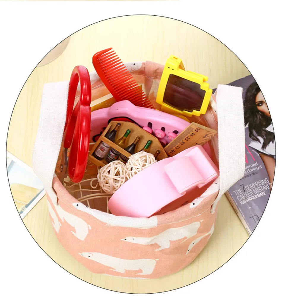 Cute Printing Cotton Linen Desktop Round Storage Organizer Sundries Box Cabinet Underwear Jewelry Cosmetic Stationery Basket (7)