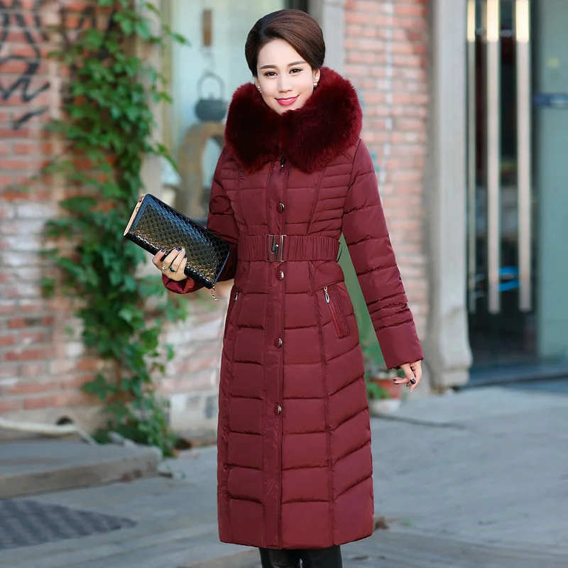 Cena Kurtka zimowa kobiety w średnim wieku x long Plus rozmiar gruby futrzany kołnierzyk płaszcz zimowy kobiety długie parki z kapturem bawełna odzież wierzchnia L 5XL