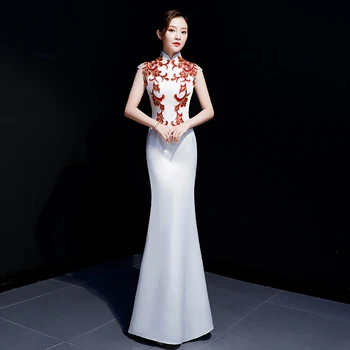 

White Embroidery Flower Women Prom Dress Mandarin Collar Cheongsam Sexy Slim Mermaid Qipao Female Chinese Style Vestidos S-XXL