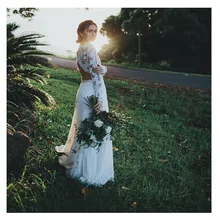 SOFUGE Boho White Wedding Dress Deep V Neck Lace Top 2 Pieces Bride Dress Elegant Chiffon Wedding Gown polyester bride to be deep v lace sleepwear gown white