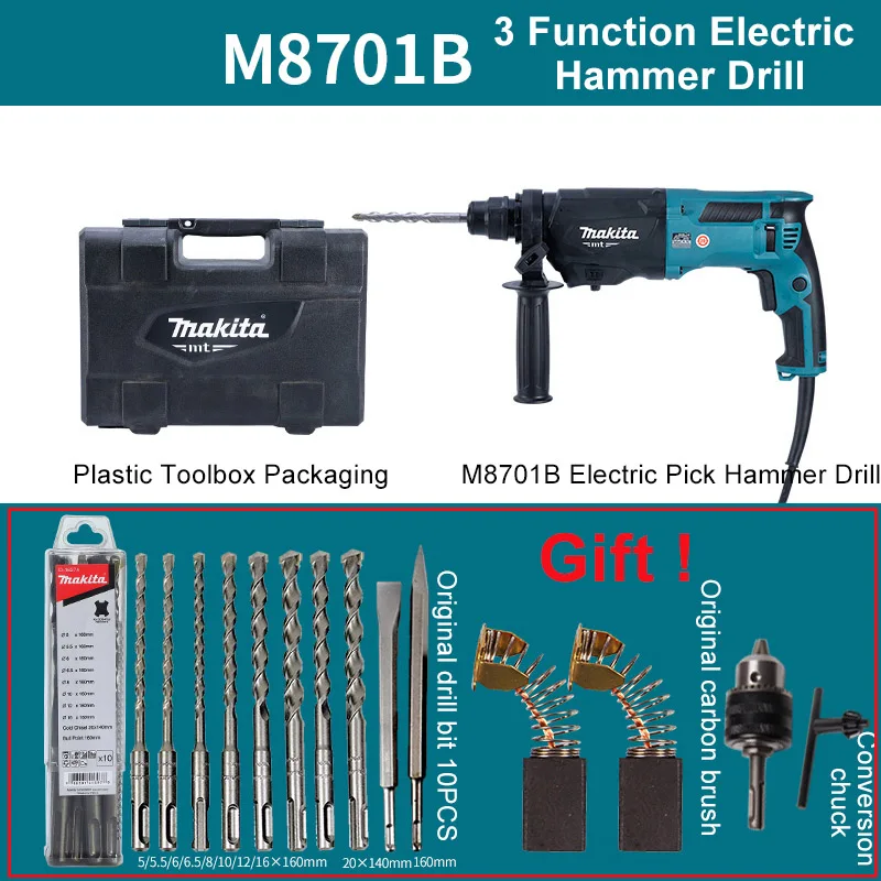 Makita M8701B Электрический комбинированный молоток палочки дрель три функции Бытовая 26 мм 800 Вт 1200 об/мин 4500ipm бетонная Ударная дрель - Цвет: M8701B Toolbox Set2