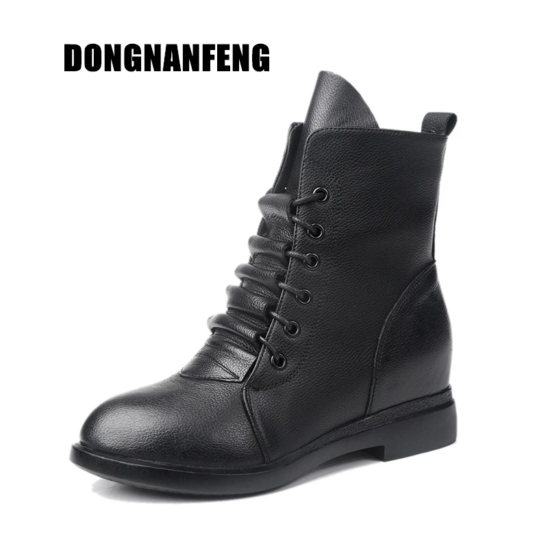 

DONGNANFENG Women Ankle Mother Ladies Female Shoes Boots Cow Genuine Leather Pigskin Plush Winter Fur Zip Lace Up MXN-829-1