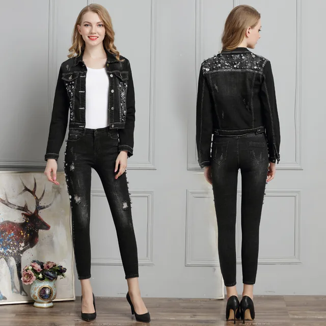 2017 Black Denim Jeans Women 2 Piece set Crop Jacket and Pencil Jeans Beading Tracksuit Jeans Denim Set Women Two Piece Sets 1