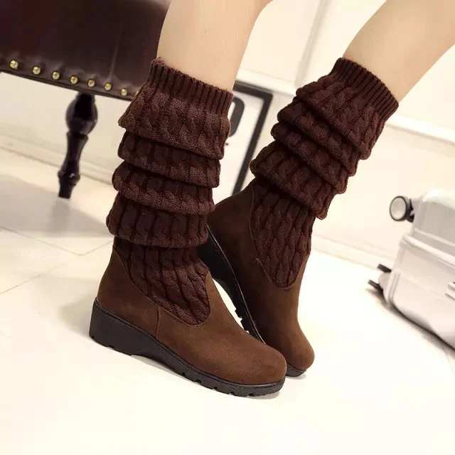 SWONCO-Botas altas de lana tejidas para mujer, zapatos hasta el muslo, botas largas con cuñas, otoño e invierno, 2018 _ - Mobile