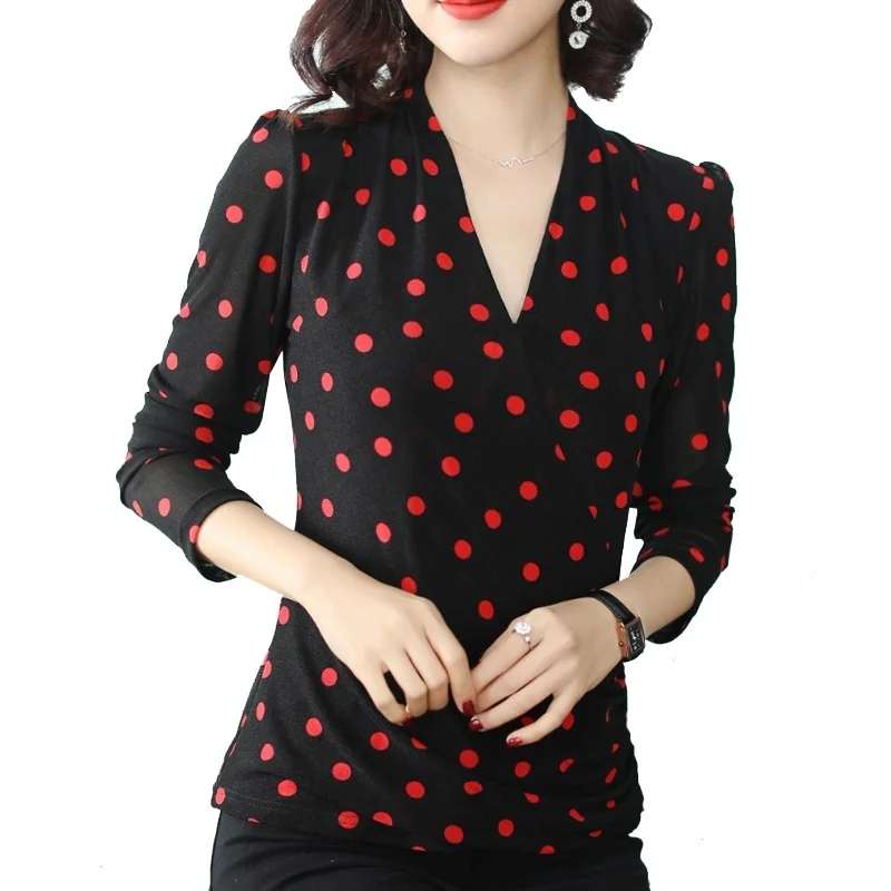 

Womens Tops and Blouses Chiffon Shirt V-neck Retro Wave Point Casual Top Slim Thin Section Female Long Sleeve Shirts Blouse