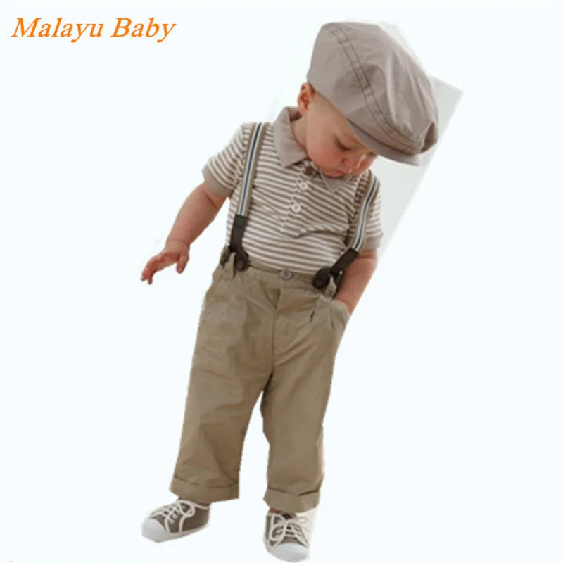 

Malayu Baby 2016 new Gentleman baby suit/boys suit: khaki long pants with braces +Lapel short-sleeved T-shirt with A 041
