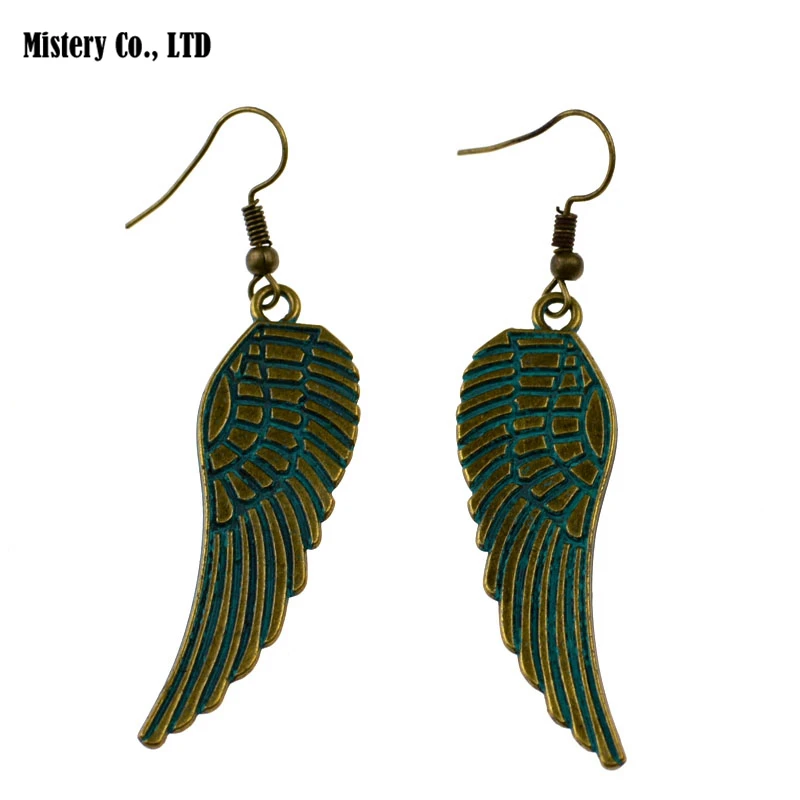 

Antique Green Bronze Brass Color Carved Angel Wing Feather Earrings Bohemia Jewelry For Women