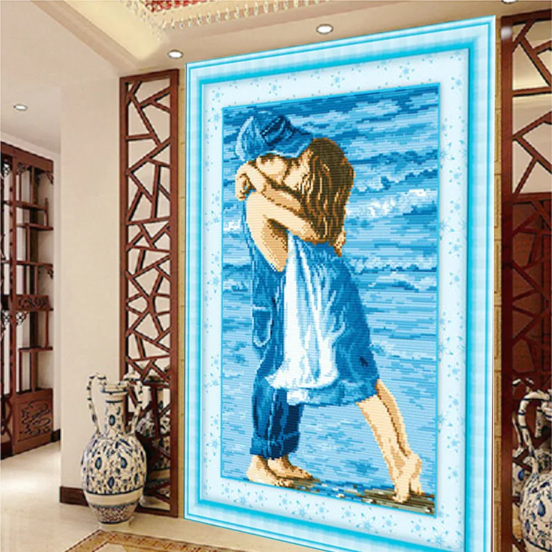 

Kissing By The Sea Cross Stitch Embroidery Kits Cotton Thread Painting DIY Needlework New Year Home Decor Gift Cartoon