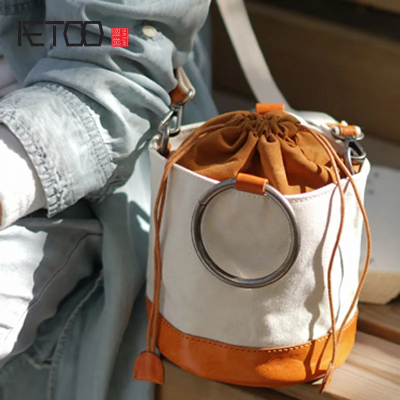 AETOO Manual one-shoulder slanted back bucket bag Ms. Sen DrawString leather cowhide with canvas retro contrast color cylinder AETOO Manual one-shoulder slanted back bucket bag Ms. Sen DrawString leather cowhide with canvas retro contrast color cylinder