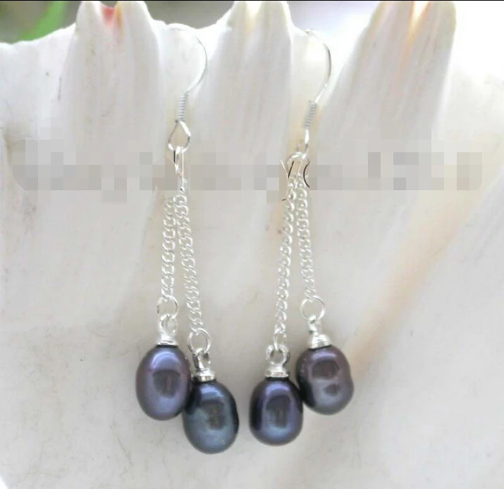 

Genuine Natural 7x9mm black drip pearl Earrings 925ss #f1252!Noble style Natural Fine jewe fast SHIPPING