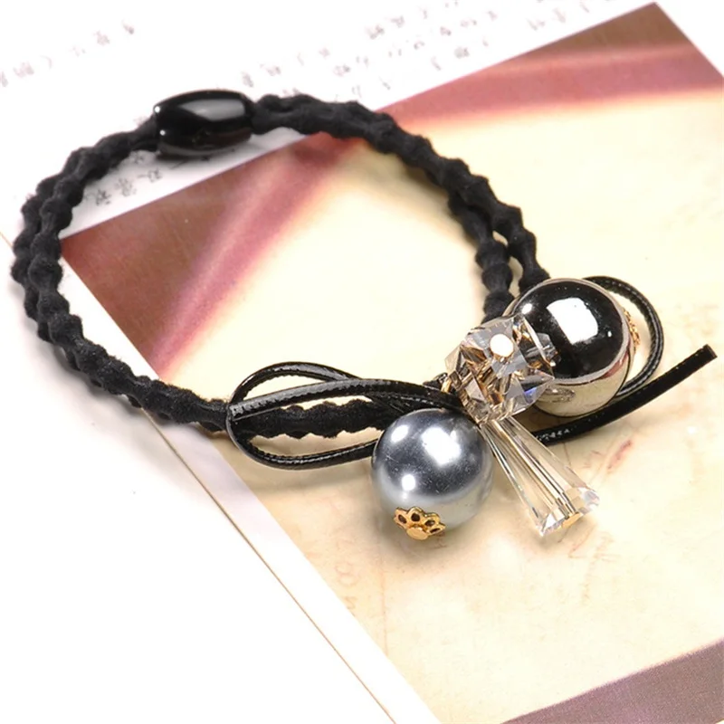 

1PCS Elegant Black Boll Elastic Hair Bands Toys For Girls Handmade Bow Two Rope Headband Scrunchy Hair Accessories For Women