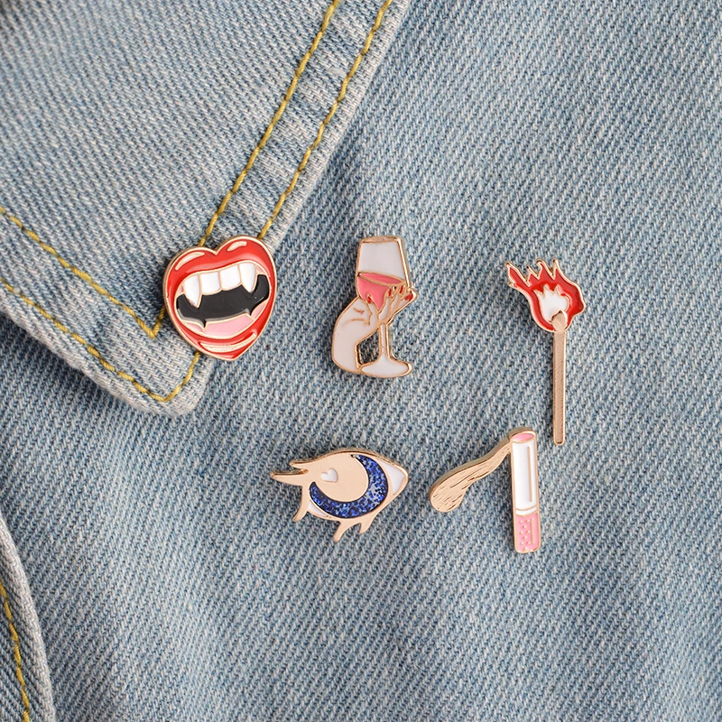 

5 pcs/set Smoke Eye Red lips Wine Hand Matches Brooch Enamel Vampire Girl Pin Button Bag Shirt Jacket Collar Badge Jewelry Gift
