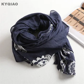 

KYQIAO Ethnic hijab scarf women winter scarf mori girls autumn Spain style elegant vintage long dark blue lace scarf muffler