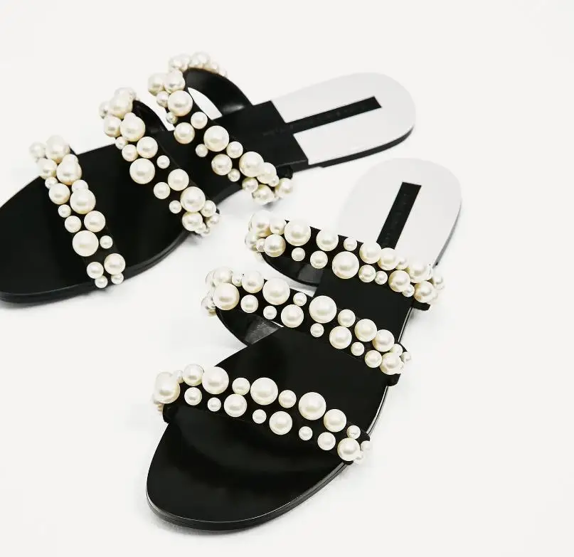 

New red summer pearl drag word with flat bottom cool with beach England Roman slippers women's shoes