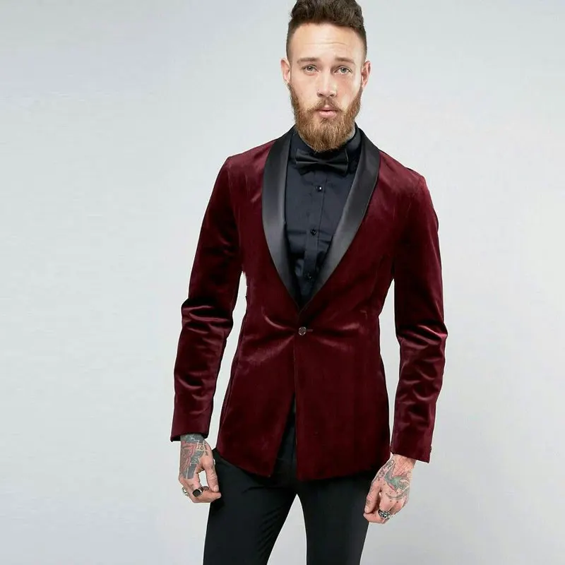 

Burgundy Velvet Smoking Jacket Men Suits for Wedding Black Shawl Lapel Groom Tuxedo 2Piece Best Man Blazer Slim Terno Masculino