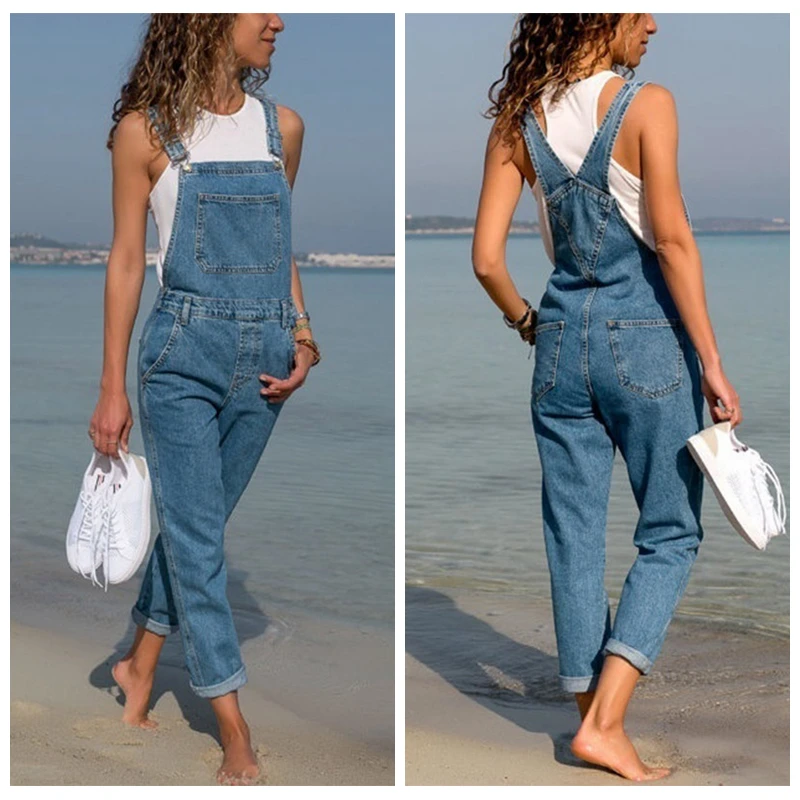 

2019 fashion women's bib jeans strap jeans overalls casual denim jumpsuit