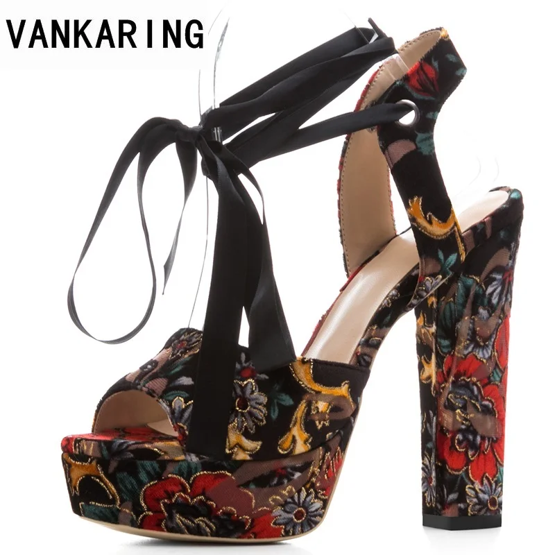 

VANKARING 2018 new fashion fish mouth high heels women sandals sexy silk sandals printing velvet fabric 14.5cm heels party shoes